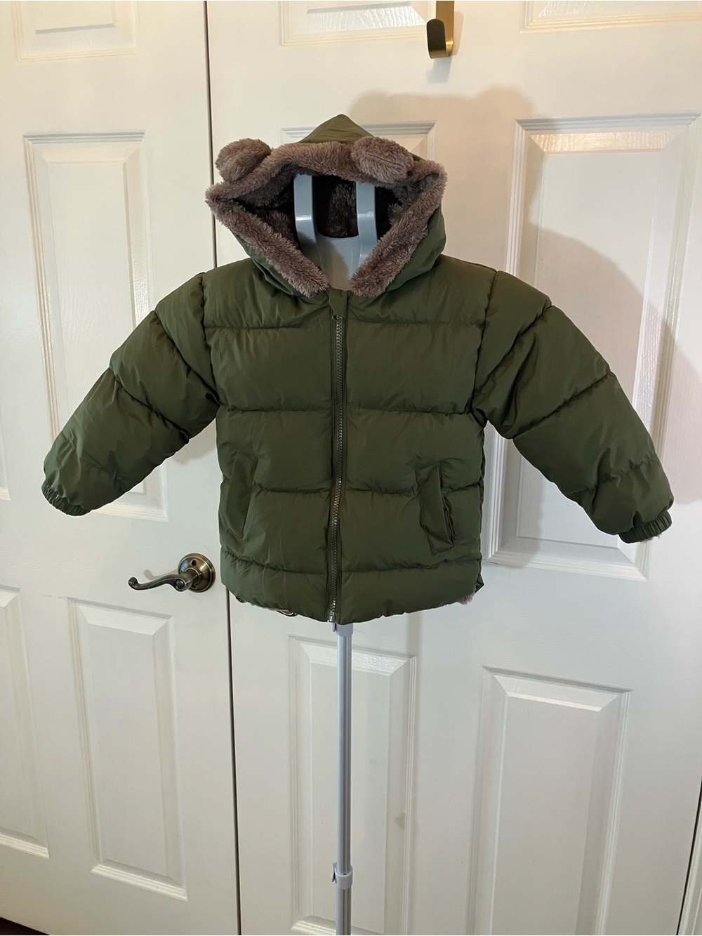 Kids Olive Green Puffer Jacket with Faux Fur Hood